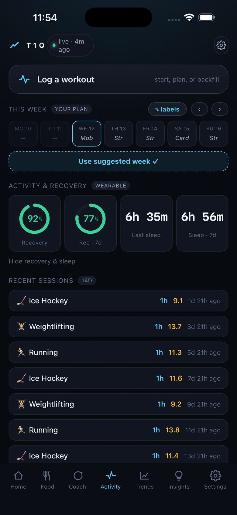 The T1Q Activity screen on iPhone, shown with synthetic demo data: a weekly training plan, recovery and sleep from a wearable, and recent ice hockey, weightlifting and running sessions, each with its duration and a strain score from the wearable.
